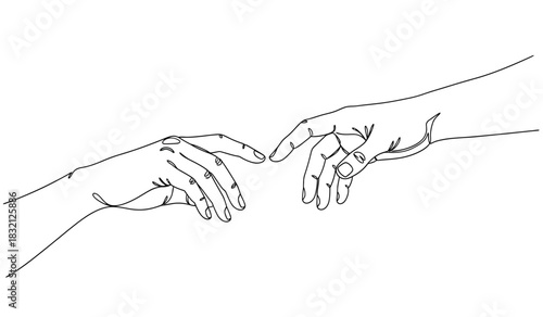 Minimalist line art of two hands reaching out connection and touch simple hand gestures black and white illustration silhouette
