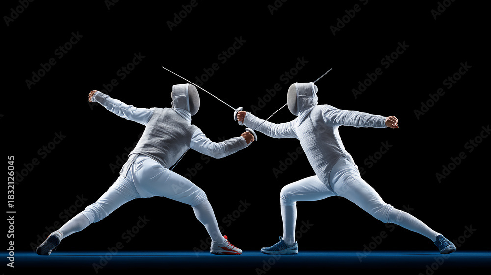 Obraz premium Two fencers in white gear dueling on dark background, demonstrating precision, agility, competitive spirit and dynamic movement in modern fencing sport.