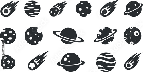 A collection of space-themed icons featuring planets, comets, asteroids, and celestial bodies in a black and white flat vector style, suitable for educational and creative projects
