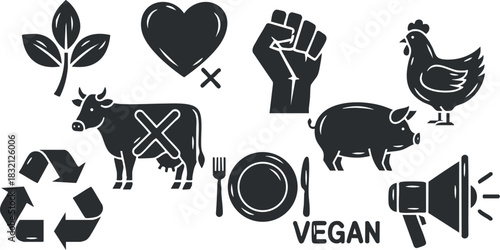 A collection of vegan-themed icons including animals, symbols, and eco-friendly elements in a black and white minimalist vector style, suitable for activism and health-related projects