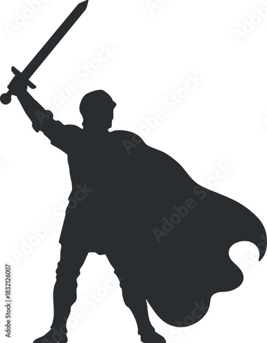 A warrior holding a sword in a dynamic pose in solid black silhouette style, ideal for fantasy and adventure themes