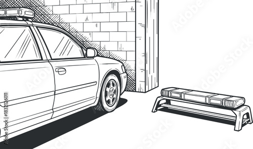 A police car parked beside a safety barrier in a black and white outline vector style, suitable for law enforcement illustrations