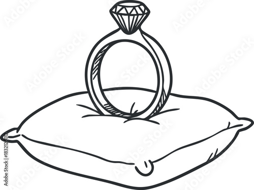 A diamond engagement ring resting on a soft pillow in outline sketch vector style, perfect for wedding-themed designs