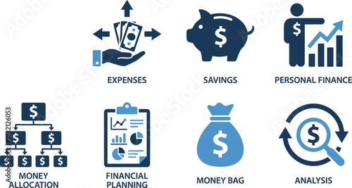 Financial planning icons, money management symbols, personal finance vector, budget allocation set, business economy graphics, savings investment collection, blue style