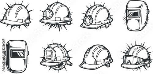 A set of various safety helmets including hard hats and welding helmets in black and white outline vector style, suitable for construction and industrial projects