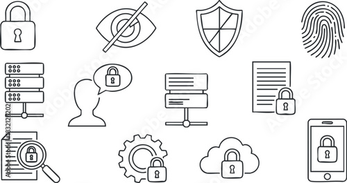A set of cybersecurity icons including locks, shields, and data protection symbols in minimalist black and white vector style, ideal for tech-related projects