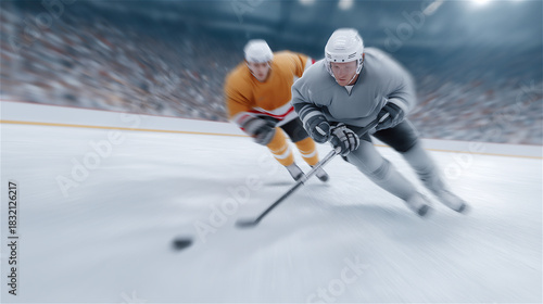 Ice hockey players competing on rink with fast movement and dynamic intensity, symbolizing teamwork, speed, athletic skill and action-packed winter sports environment.
