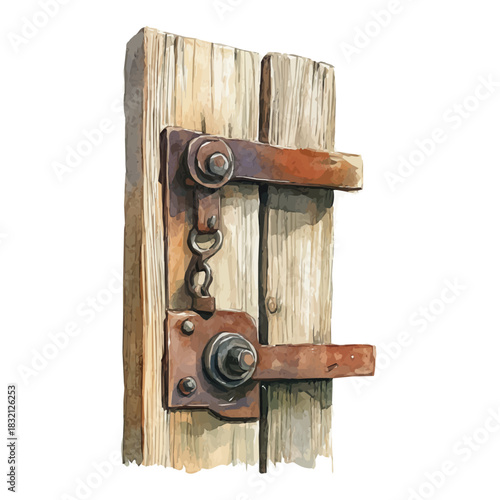 Elegant wooden garden gate latch painting design collection, Hand-painted watercolor style, vectorized, vector set available in EPS, Simple design, EPS format set