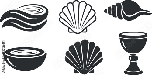A collection of seashells, waves, and a cup in black and white vector style, ideal for marine-themed designs