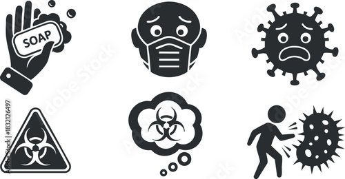 A collection of health and hygiene icons including soap, a masked face, virus, and biohazard symbol in black and white vector style, suitable for health awareness and safety campaigns
