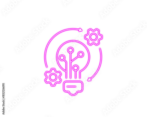 Neon pink technology innovation icon showing a lightbulb with circuit lines and rotating gear symbols. Modern digital concept representing ideas, automation, and progress. Ideal for tech branding, UI 