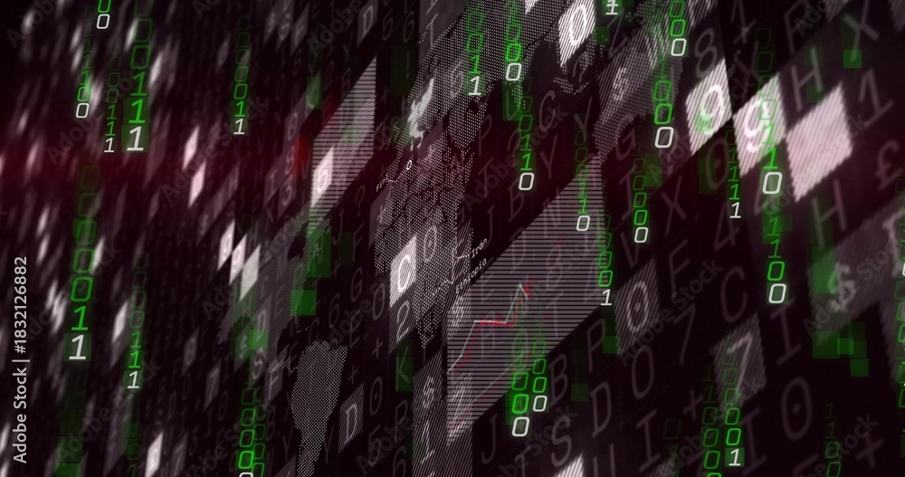 Fototapeta premium Streaming cascading green binary column overlaying symbol tiles on virtual wall, showing red graph