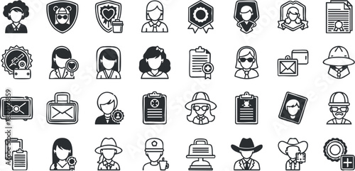 A set of diverse profession icons featuring various characters in black and white minimalist vector style, suitable for business and career-themed projects