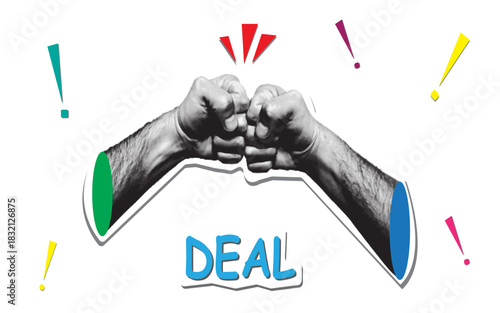A fist bump vector illustration in retro halftone pop art style. Two hands colliding with the word Deal and colorful exclamation marks, symbolizing partnership, agreement, or teamwork.