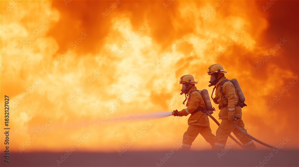 Fototapeta premium Firefighters in protective gear battling large blaze with intense flames, illustrating bravery, teamwork, emergency response and hazardous rescue work.