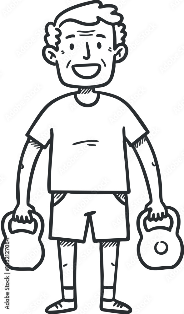 Obraz premium A cheerful man lifting kettlebells in a playful cartoon style illustration, suitable for fitness and wellness themes