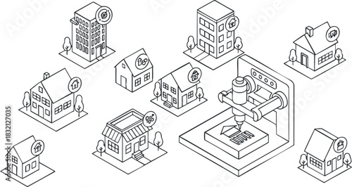A collection of houses and a 3D printer in geometric outline vector style, suitable for urban development and architecture projects