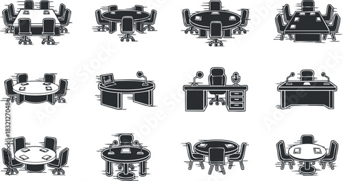 A collection of office furniture icons featuring desks, chairs, and meeting tables in black and white vector style, ideal for workspace design
