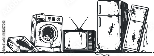 A collection of vintage household appliances including a washing machine, refrigerator, and television in black and white sketch style, ideal for environmental awareness projects