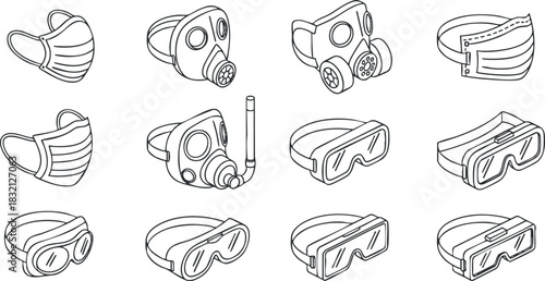 A collection of various face masks and safety goggles in outline vector style, suitable for health and safety designs