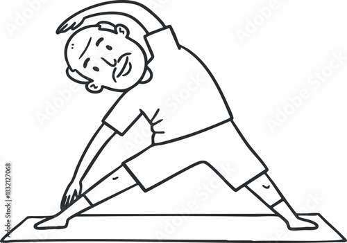 A man performing a side stretch yoga pose in minimalist black outline vector style, ideal for fitness and wellness projects