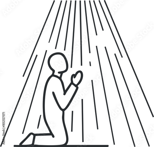 A silhouette of a person kneeling in prayer with rays of light shining down in minimalist outline vector style, suitable for spiritual and religious themes