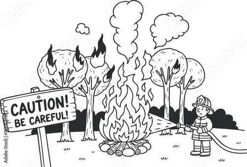 A firefighter spraying water on a campfire surrounded by trees in black and white vector style, ideal for fire safety awareness campaigns