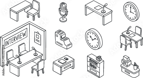A collection of office interview elements including desks, a microphone, and clocks in black and white line art style, suitable for HR and recruitment themes