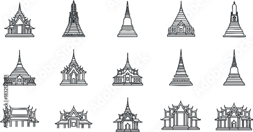 A collection of traditional Thai temple illustrations in black outline vector style, ideal for cultural and travel designs
