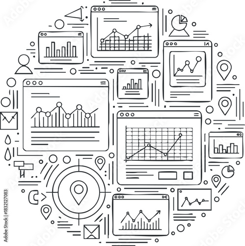 A collection of various data analytics screens, charts, and graphs in an outline vector style, suitable for technology and business presentations