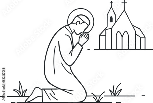 A kneeling figure in prayer beside a church in minimalist outline vector style, suitable for religious themes and spiritual illustrations
