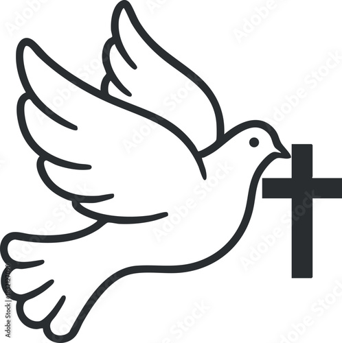 A dove flying with wings spread next to a Christian cross in minimalist black outline vector style, ideal for religious themes and spiritual designs