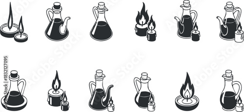 A set of oil lamps and candles with flames in black and white minimalist vector style, ideal for home decor and lighting design