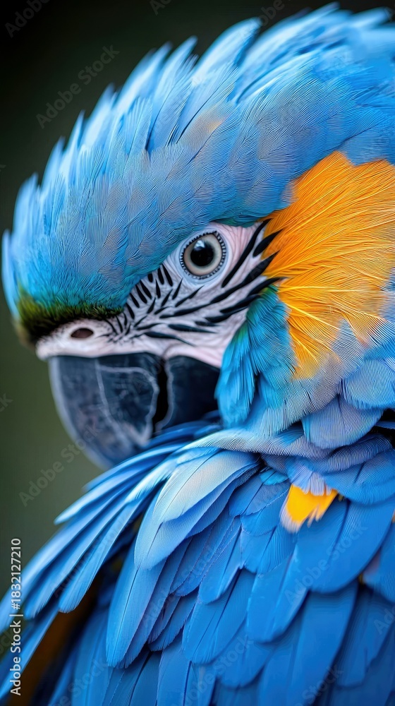 Fototapeta premium Close-up portrait of a vibrant blue and gold macaw, showcasing its colorful plumage and striking eye. The image captures the bird's intricate feather details an