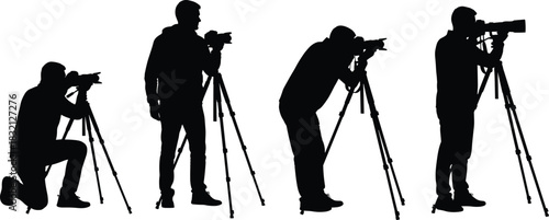 Set of photographer silhouettes with camera on tripod, man taking photos in various poses, black vector illustration.