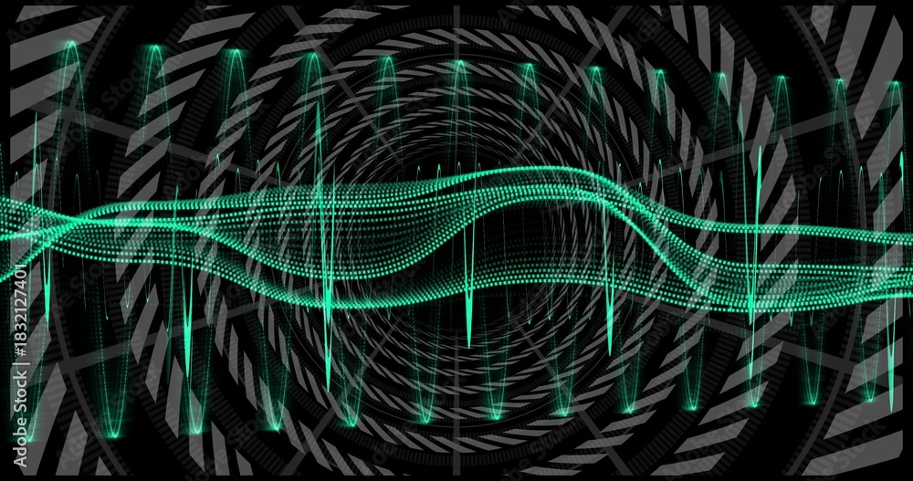 Fototapeta premium Pulsing glowing teal dotted waveform stretching across virtual tunnel, with vertical spike lines