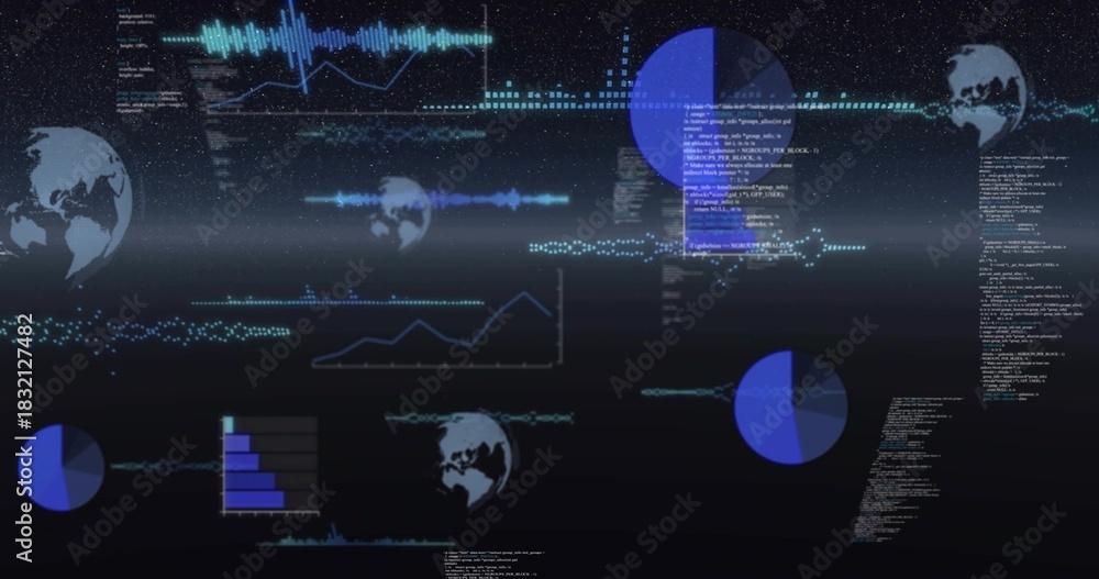 Naklejka premium Displaying digital HUD dashboard on dark monitor, showing globe icons, waveforms, bar chart, code