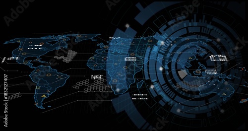 Displaying digital world map wireframe with circular HUD on black background, showing glowing nodes