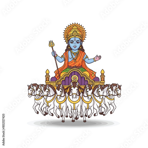 Cute vector illustration of the hindu god surya riding his seven-horse chariot, featuring bright divine colors on a white background.