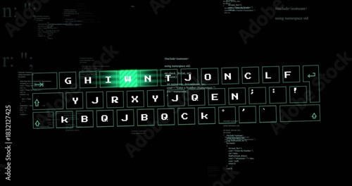 Glowing stylized keyboard showing neon outlines and green backlight in digital canvas, with code