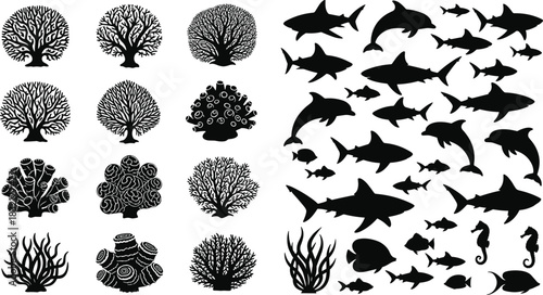 Marine life silhouette set featuring sharks, dolphins, tropical fish, and coral reef elements, underwater nature vector collection.