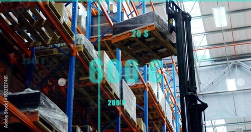 Holding forklift lifting wrapped pallet to top shelf at warehouse, with teal overlays, copy space