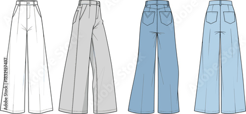 Wide leg denim jeans technical fashion flat sketch set, high waisted trousers with pockets, front, back and side view vector template.