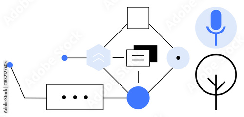 Abstract nodes, microphone, tree, and geometric elements connected by lines. Ideal for technology, AI, voice input, innovation sustainability communication networking. Minimalistic flat metaphor