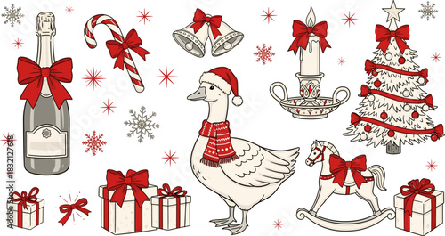 Collection of vintage hand drawn christmas holiday elements featuring a goose in santa hat, champagne, candy cane, tree, gift, bell, candle, and rocking horse isolated on