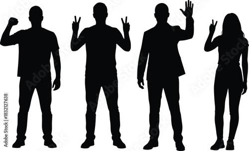 Group of people silhouettes featuring men and women with hand gestures like peace sign, fist, and waving vector.