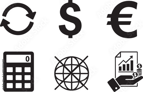Financial Icons Set Currency Exchange Dollar Euro Calculator Globe Investment.