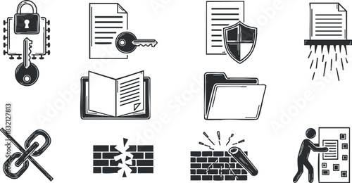 A collection of security icons including locks, keys, documents, and shields in a black and white vector style, suitable for technology and data protection themes