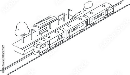 An isometric illustration of a train at a station with trees and a bench in minimalist outline style, suitable for travel and transportation designs