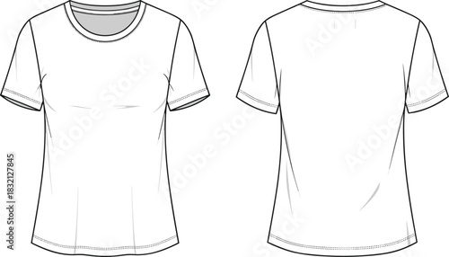 Women's crew neck t-shirt technical fashion flat sketch, short sleeve fitted top, front and back view vector template.